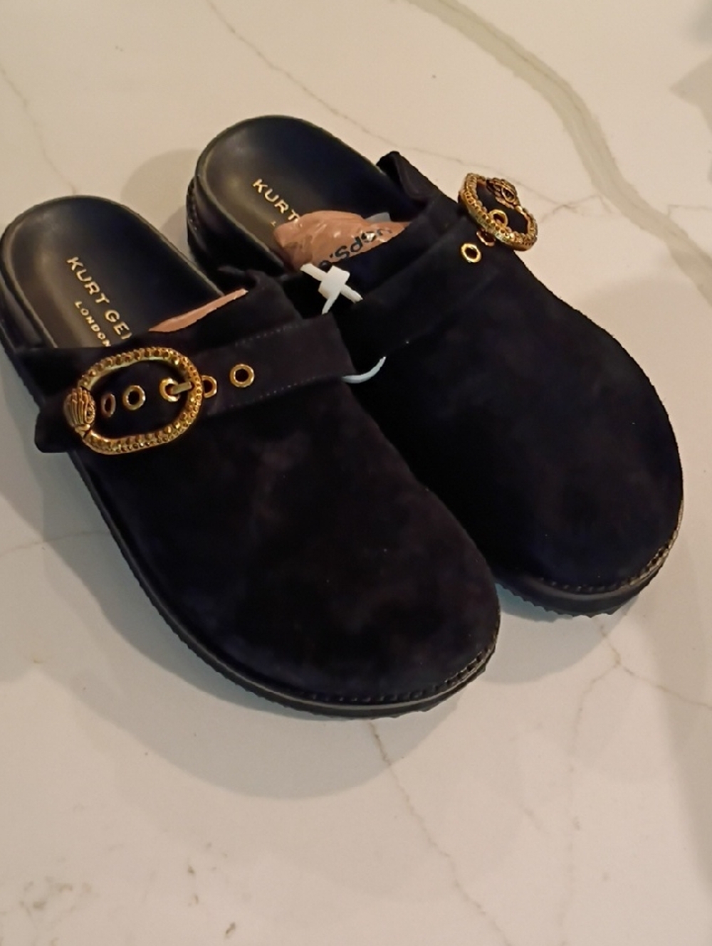 Kurt Geiger London Mayfair Crystal Embellished Eagle Head Buckle Mules Black - Picture 2 of 16